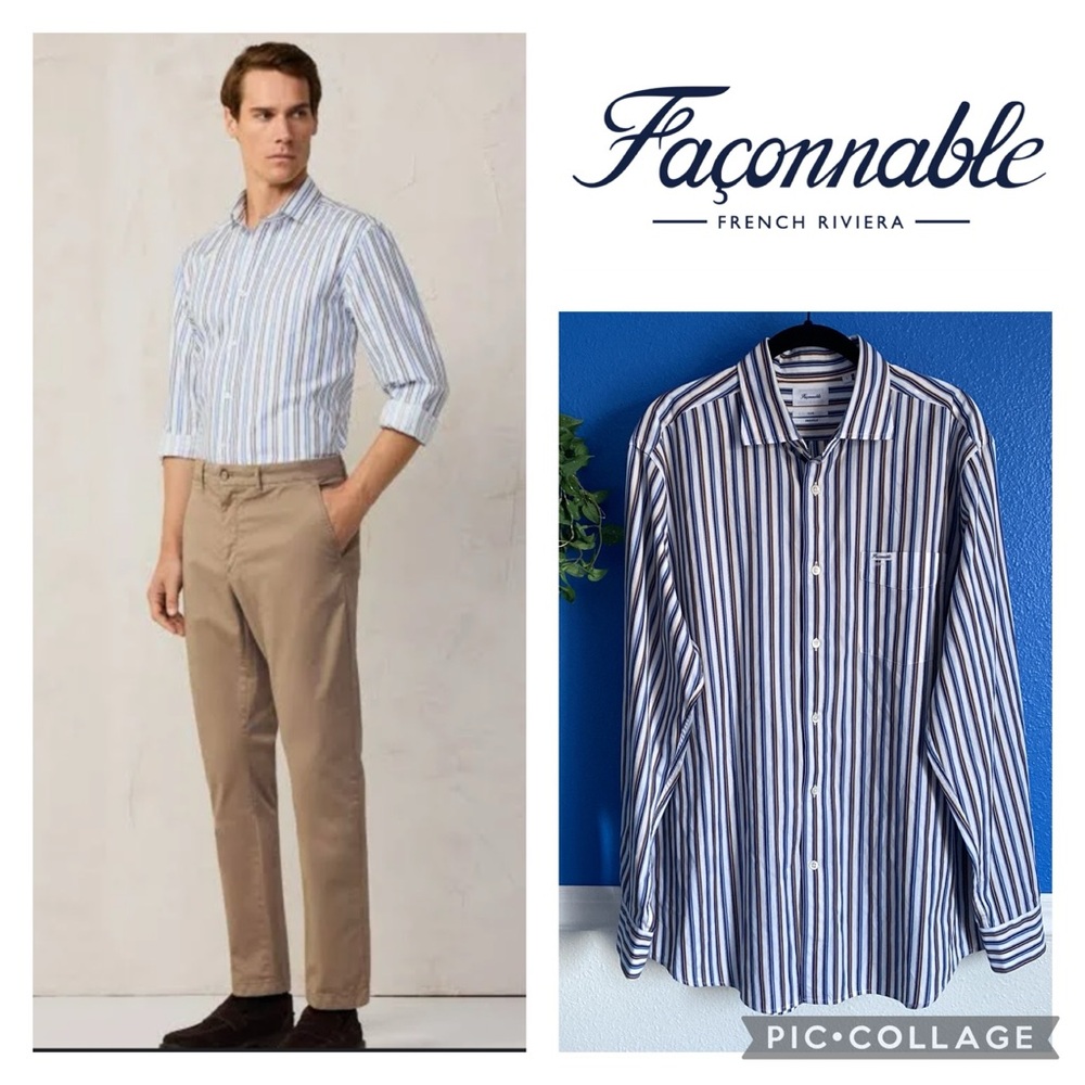 Faconnable Club Fit Striped Long Sleeve Button Down Shirt. White/Tan/Blue. Sz. L